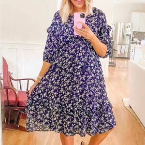 Calista Anthropologie Navy Blue Ditsy Floral Print Tiered Dress size Small